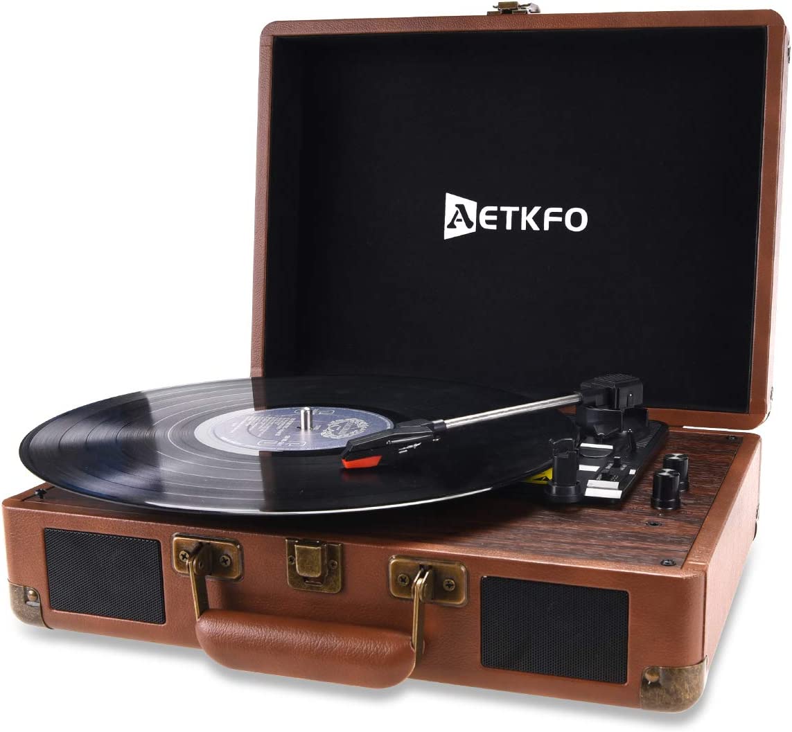 AETKFO Tocadiscos de Vinilo, Tocadiscos Bluetooth con Altavoces,Tocadiscos Vinilo Vintage,Tocadiscos Estéreo,Reproductor de Vinilo,3 Velocidades 33/45/78 RPM,Salida RCA/Conector para Auriculares/USB
