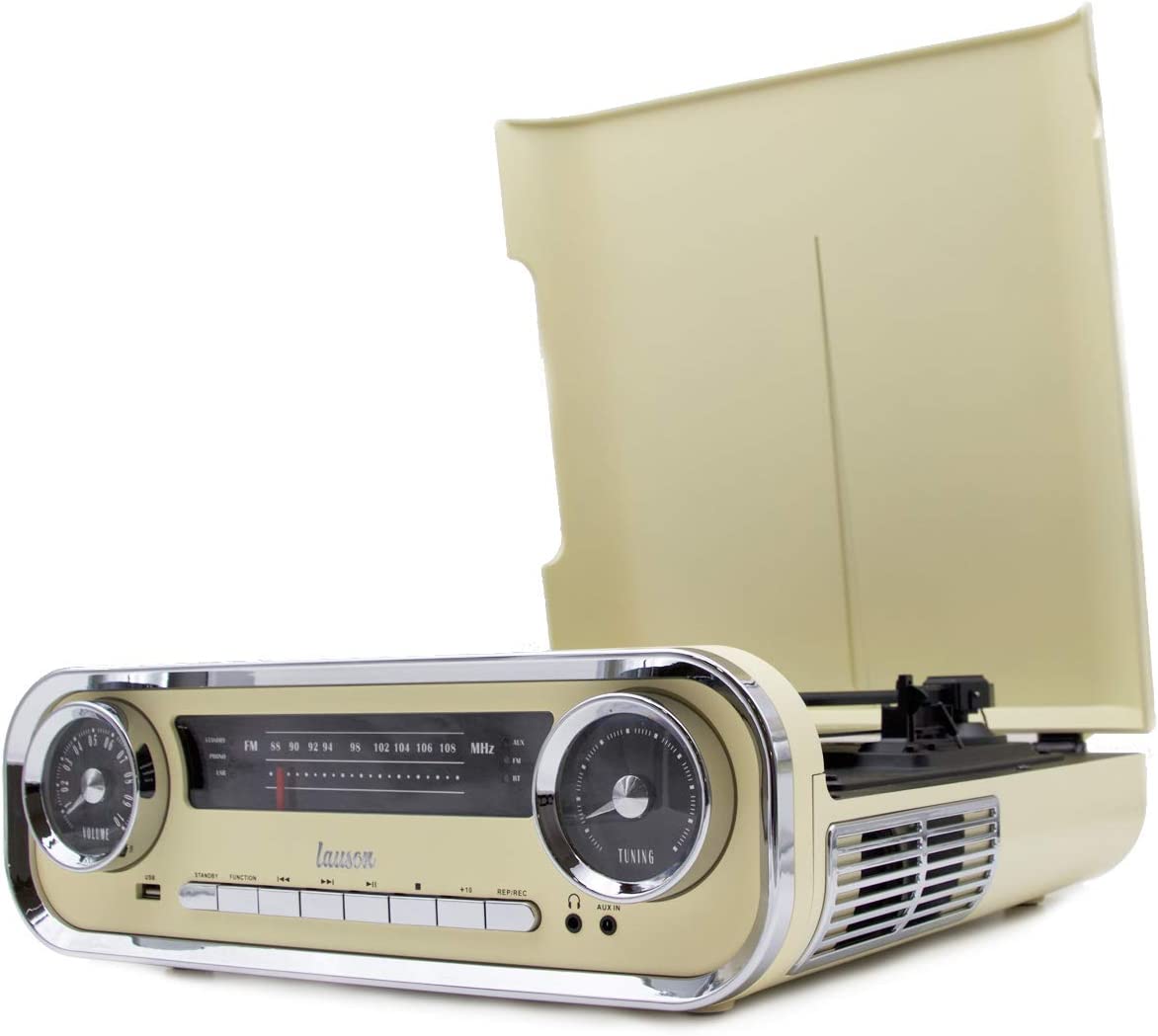 Lauson 01TT15 Tocadiscos Diseño Vintage Coche de Colección con 2 Altavoces Estéreo Integrado de 3 W | Tocadisco Vinilo con Radio FM, Función Bluetooth, USB, AUX | 3 Velocidades (33, 45, 78) (Crema)

