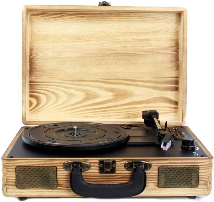 PRIXTON VC400 - Tocadiscos de Vinilo Vintage, Reproductor de Vinilo y Reproductor de Musica Mediante Bluetooth y USB, 2 Altavoces Incorporados, Diseño de Maleta, Color Madera
