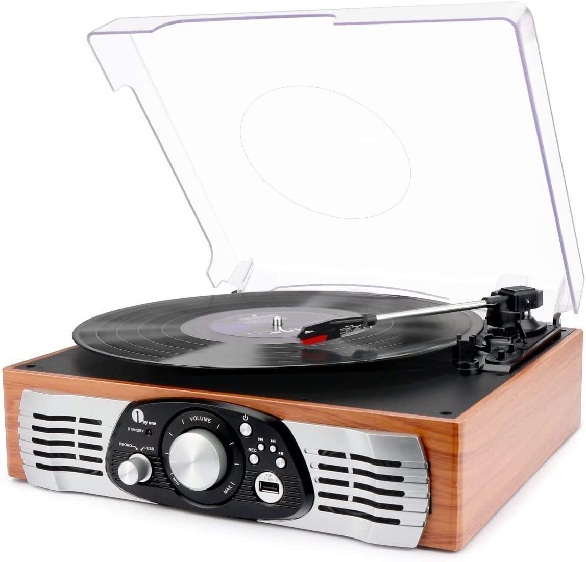 1 BY ONE Tocadiscos estéreo de 3 velocidades con Altavoces incorporados, graba de Vinilo a MP3, Reproduce MP3, Salida RCA, Madera Natural
