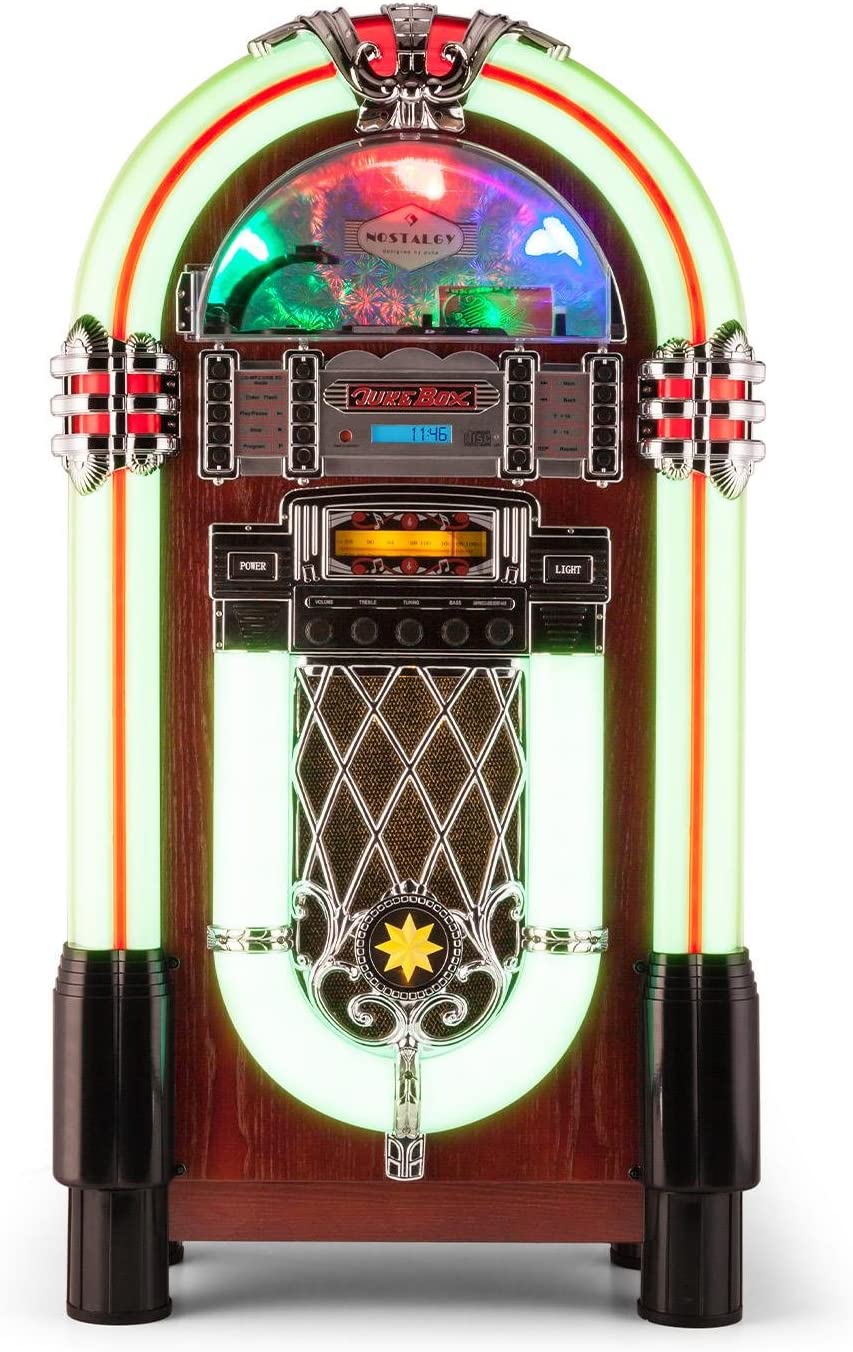 AUNA Graceland XXL Jukebox Vintage - Bluetooth , Reproductor CD , Puerto USB , Tarjetas SD/MMC , Compatible MP3 , Rockola Discos , Entrada AUX , Radio FM , Ecualizador , Diseño Original
