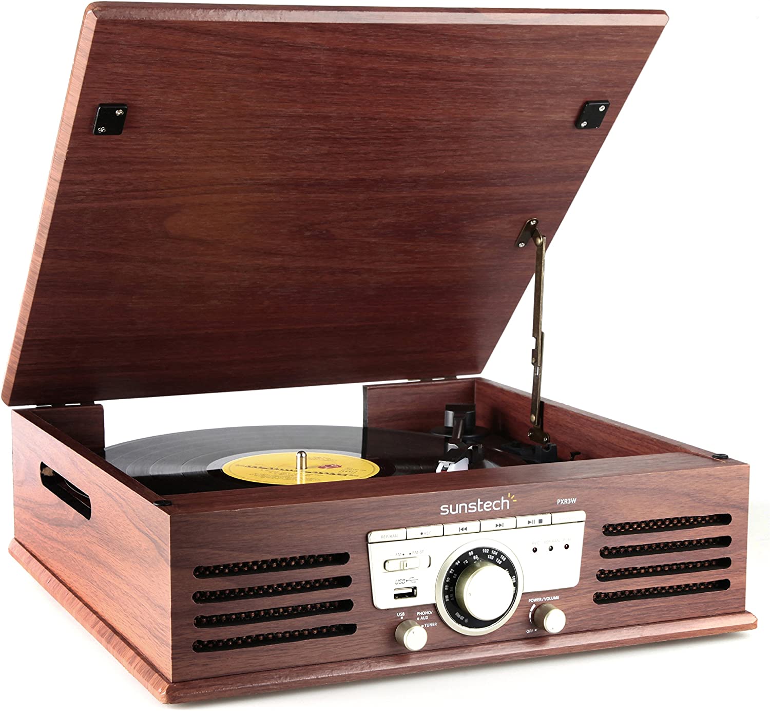 Sunstech PXR3 - Tocadiscos (33 y 45 rpm, USB, FM), color marrón
